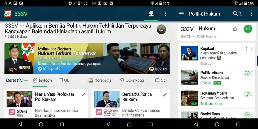 Tampilan antarmuka modern aplikasi 333V untuk berita politik hukum.