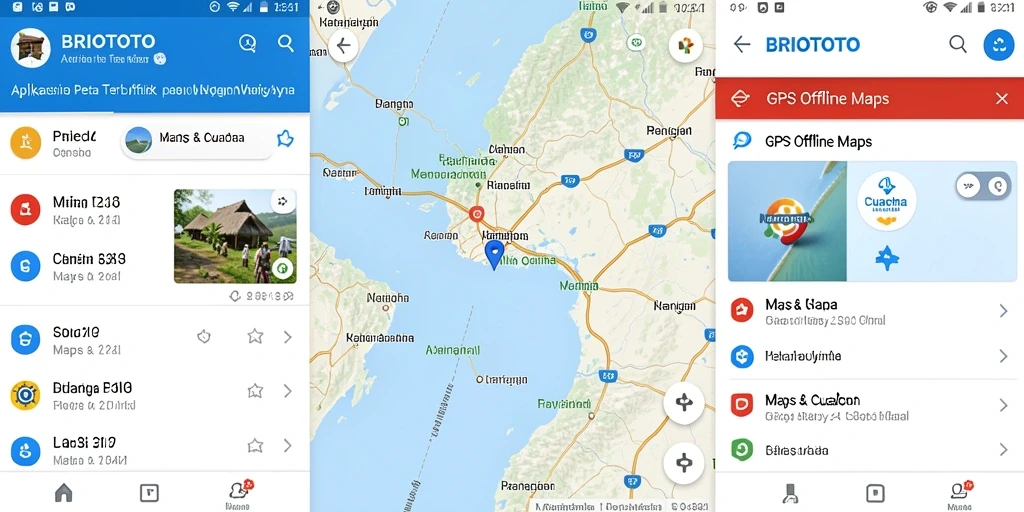Antarmuka BRIOTOTO menunjukkan fungsi GPS Offline Maps yang intuitif.