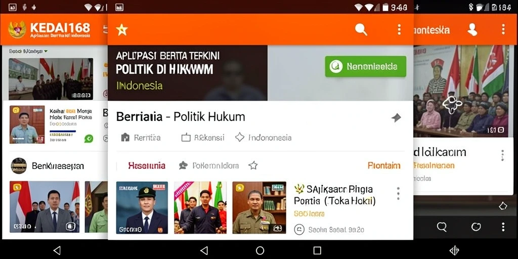 Antarmuka aplikasi KEDAI168 menampilkan berita politik hukum terkini.