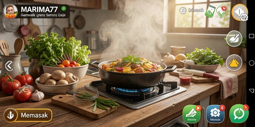 Tampilan antarmuka game Memasak dengan hidangan yang menggugah selera.